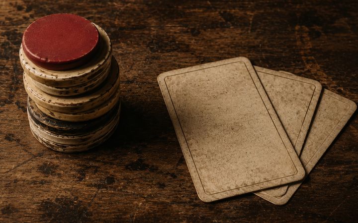 Sobre a madeira escura da banca, uma pilha de fichas de osso gastas com uma ficha vermelha no topo e, ao lado, três cartas de bruços com o verso encardido.