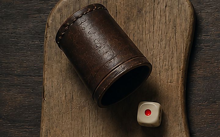 Uma tábua de madeira gasta sobre a banca escura, com um copo de couro de dados deitado e, ao lado, um dado branco mostrando o pip vermelho.